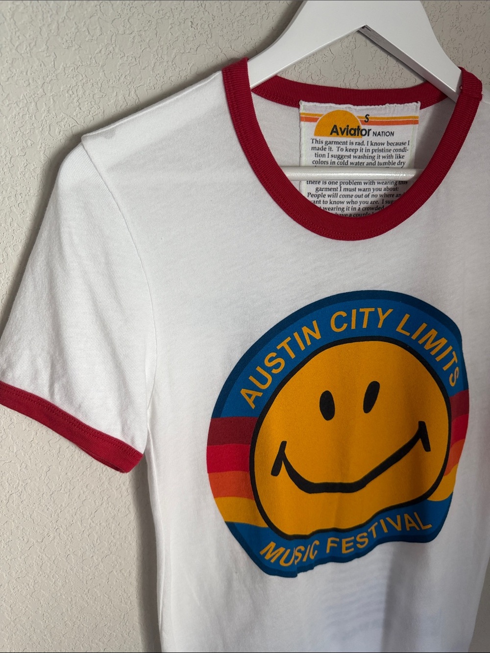 Aviator Nation White Tee with Red Trim & Yellow Smiley Graphic